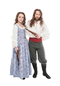 美丽的夫妇妇女和男子在中世纪的衣服与隔离在白色
