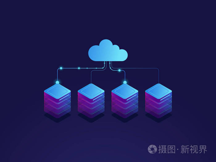 服务器机房, 云存储图标, 数据中心和数据库概念, 数据处理过程等距暗