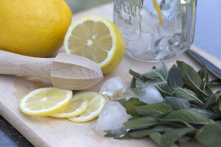 天然柠檬汁烹调的配料。新鲜和健康的柠檬与冰和薄荷