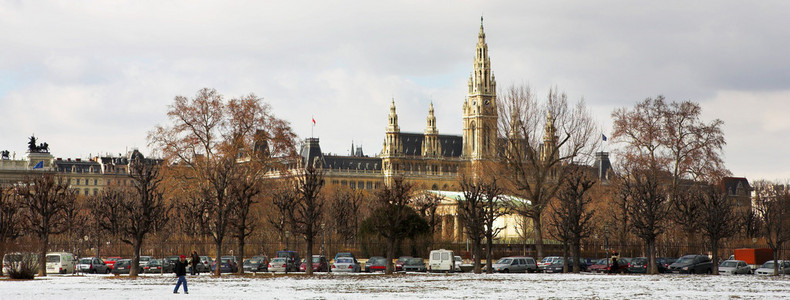 在维也纳，奥地利穿过白雪覆盖公园大会堂 维也纳市政厅 建筑