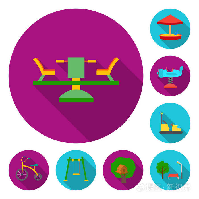 游乐场, 娱乐平面图标集为设计收藏.吸引和设备矢量符号股票网页插图