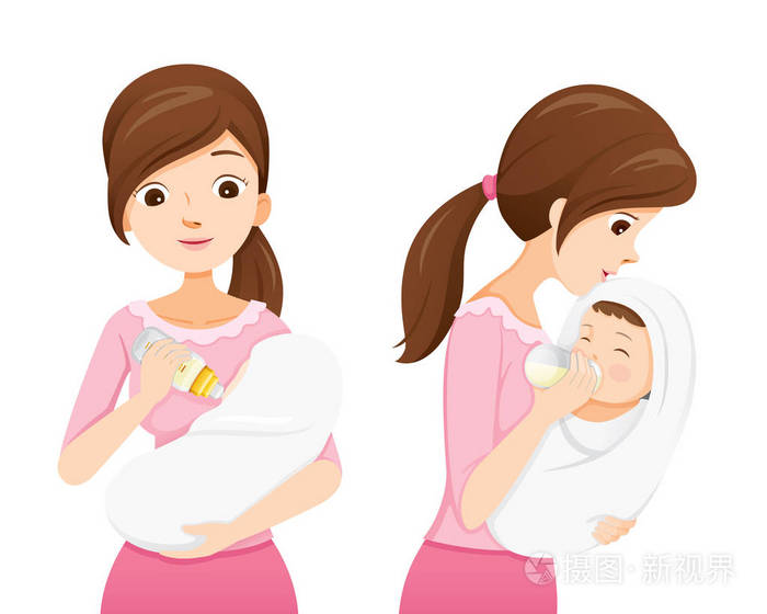 母亲用牛奶喂养婴儿奶瓶, 前后观, 母亲节, 哺乳, 婴儿, 母性, 纯真