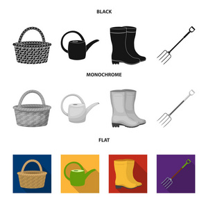 篮子柳条, 浇水可以灌溉, 橡胶靴, 叉子。农场和园艺集合图标黑色, 平, 单色风格矢量符号股票插画网站