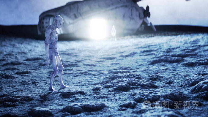 外星人在地球上,月亮.地球在背景上.不明飞行物.3d 渲染