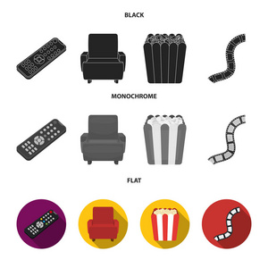 控制面板, 一张扶手椅, 爆米花。电影和电影集图标黑色, 平, 单色矢量符号股票插画网站