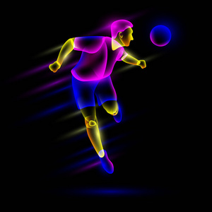 足球运动员头部射击足球。抽象的霓虹灯透明叠加层看起来像一个虚拟的足球运动员字符