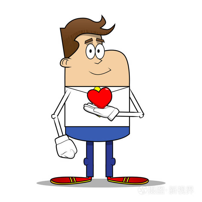 简单的复古卡通的商人持有红色的心脏在他的手矢量卡通插画
