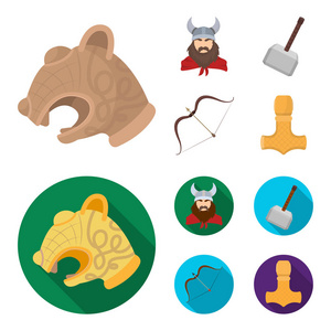 维京人在头盔用牛角, 梅斯, 弓与箭, 珍宝。维京集合图标在卡通, 平面风格矢量符号股票插画网站