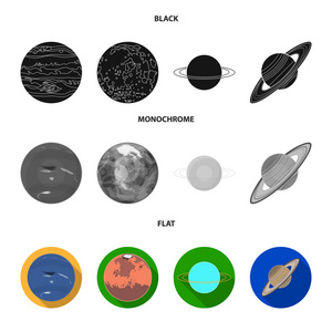 海王星, 火星, 土星, 太阳系的天王星。行星集合图标在黑色, 平, 单色风格矢量符号股票插画网站
