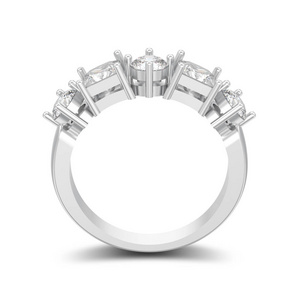 3d 插图独立的银色装饰环, 不同的圆形和方形的钻石与阴影在白色背景上