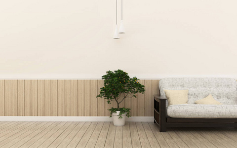 Whiteroom 饰以白色椅子, 树在玻璃花瓶, 白色枕头, 木和白色水泥墙壁和橡木地板3d 渲染