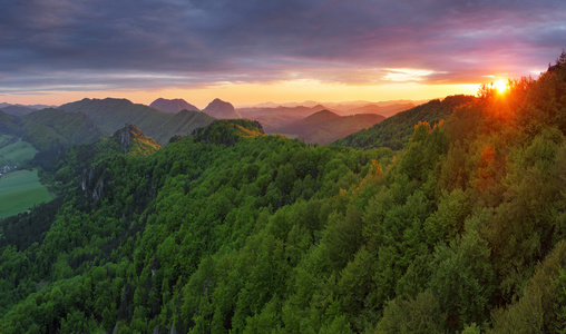 绿色森林山在夕阳与太阳