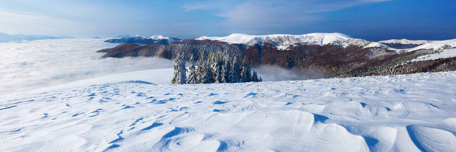 冬季景观与雪堆。早晨在山上。山脉全景图