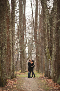 年轻的恋人男人和女人在秋天的森林中
