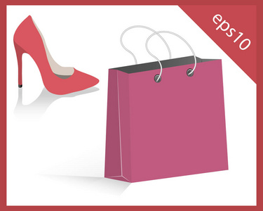 红色女装鞋和粉红色购物袋。矢量插画 eps 10