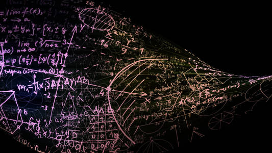 3d. 在虚拟空间中绘制抽象的数学公式。数学公式以磁带的形式弯曲