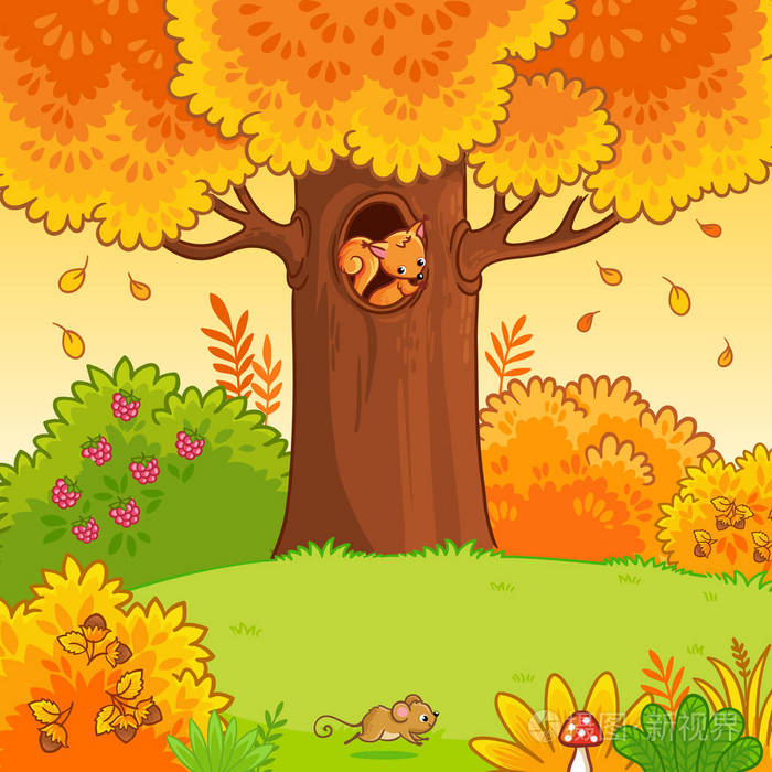 秋林中的大黄树与松鼠,落叶和小鼠在绿草上