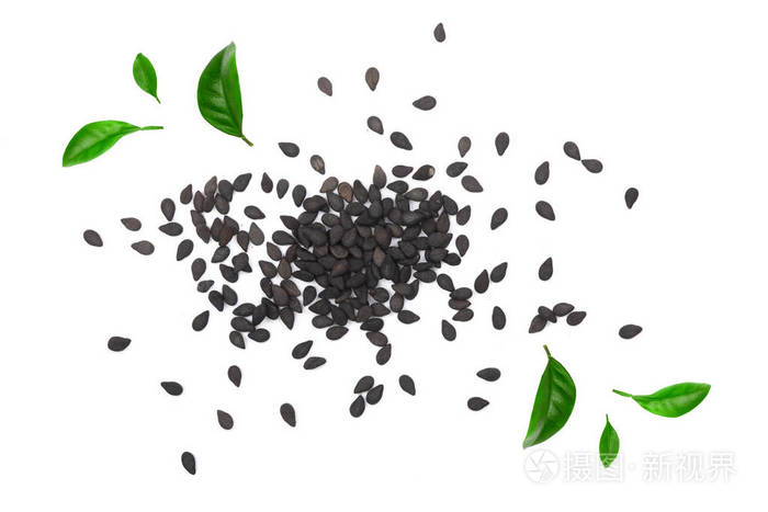 黑芝麻用绿叶装饰白色背景顶部景观