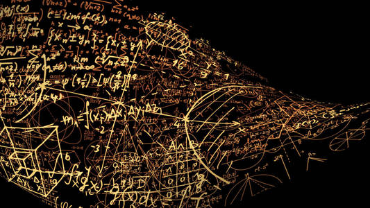 3d. 在虚拟空间中绘制抽象的数学公式。数学公式以磁带的形式弯曲