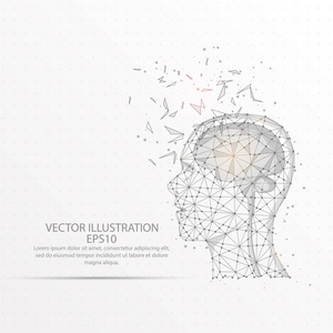 人脑与人头抽象网格线和组成数字绘制或空间的形式打破了部分三角形形状和分散点低聚线框
