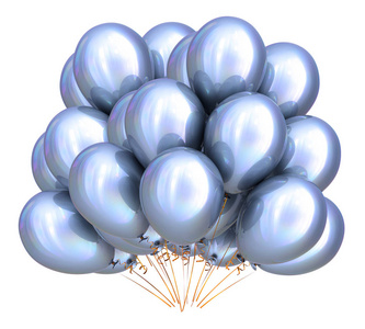 银党气球束白色金属。氦气球生日装饰光泽。假日, 周年纪念, 狂欢节庆祝标志。3d 插图