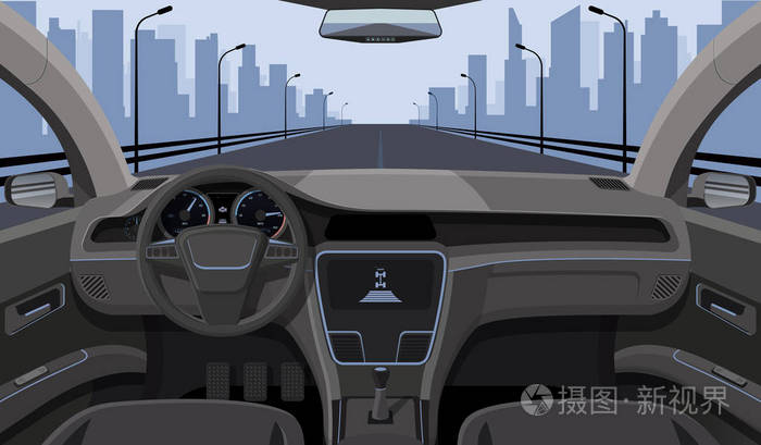 车内驾驶员视图与舵, 仪表板前面板和高速公路挡风玻璃卡通公路矢量图