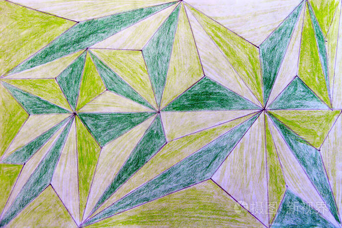 用铅笔绘制的儿童抽象图画, 从绿色和浅绿色的几何图形.绘制的抽象.