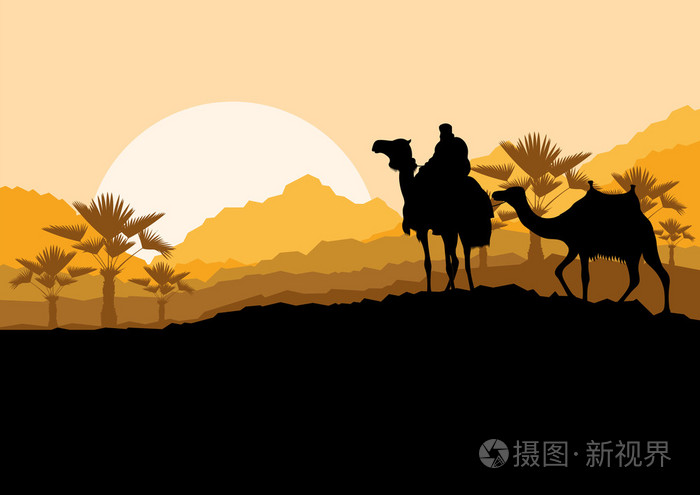 骆驼商队在沙漠地带的野生山自然风景艾菲尔铁塔的背景