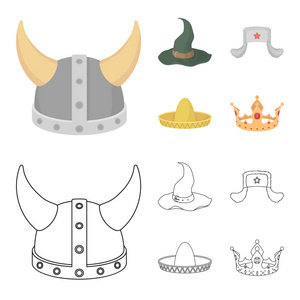 草帽, 帽子与耳朵襟翼, 维京人的头盔。帽子集合图标在卡通, 轮廓风格矢量符号股票插画网站
