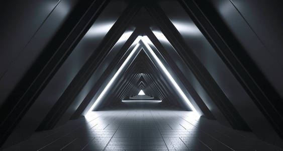 未来现实的大型科幻走廊, 白色的灯光和反射。3d 渲染