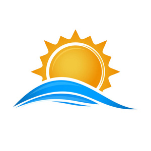 太阳越过海浪。太阳和大海。太阳徽标图标被隔离在白色背景上。可编辑矢量插图