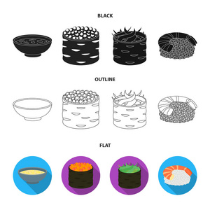 一碗汤, 鱼子酱, 虾和米饭。寿司集图标黑色, 平面, 轮廓样式矢量符号股票插画网站