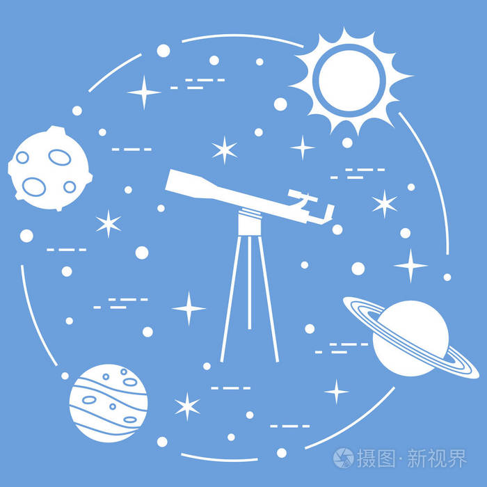 插画 科学: 望远镜, 太阳, 月亮, 行星, 星星.太空探险.天文学.eps