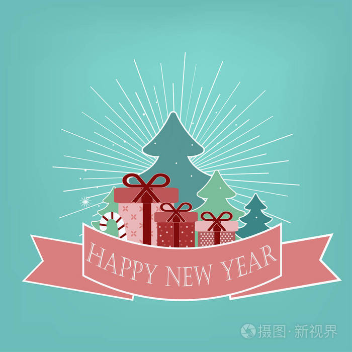 美丽的矢量横幅明信片与礼品和圣诞树在绿色的背景下 一个节日的新年和圣诞节在12月冬季插画 正版商用图片05zhow 摄图新视界