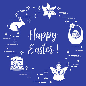 复活节符号。复活节蛋糕, 篮子, 鸡蛋, 兔子, 鲜花, 天使