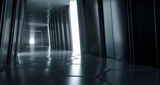 黑暗未来的现代科幻反光走廊与反光六角地板和天花板和侧面灯3d 渲染