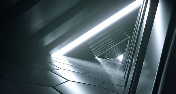 黑暗未来的现代科幻三角形反光走廊, 反光六角地板和侧面灯3d 渲染插图