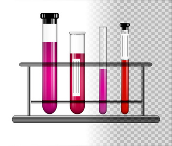 在玻璃架上用液体测试管子。透明玻璃烧瓶,带帽。矢量插图