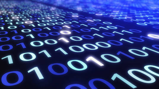 01或二进制数据在电脑屏幕上黑色背景, 数字数据编码技术的概念.