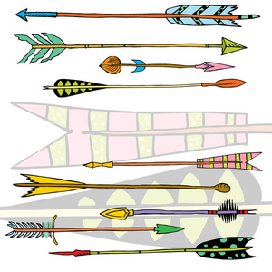 手绘民族收藏带箭头设计, 乡村装饰箭, 嬉皮和波西米亚风格矢量插图