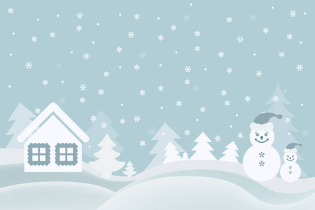 矢量图片卡通贺卡与雪人房子和圣诞树在森林中的雪在12月的冬天, 为一