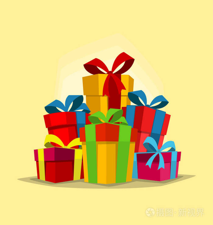 黄色背景下的不同礼品盒堆插画-正版商用图片05zp0k-摄图新视界