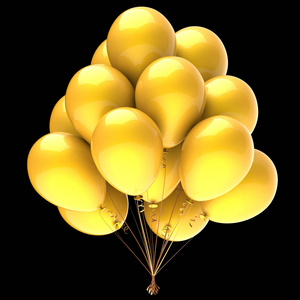 黄色气球束, 快乐的生日派对装饰五颜六色的光泽。3d 插图, 在黑色背景下隔离