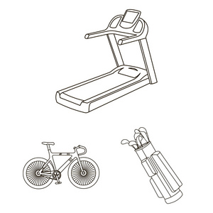 不同类型的运动轮廓图标集合中的设计。运动设备矢量符号股票网站插图