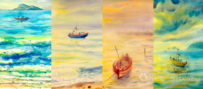 四季拼贴画, 几张照片。水彩画海的美丽自然海景在不同的时间年冬春, 夏