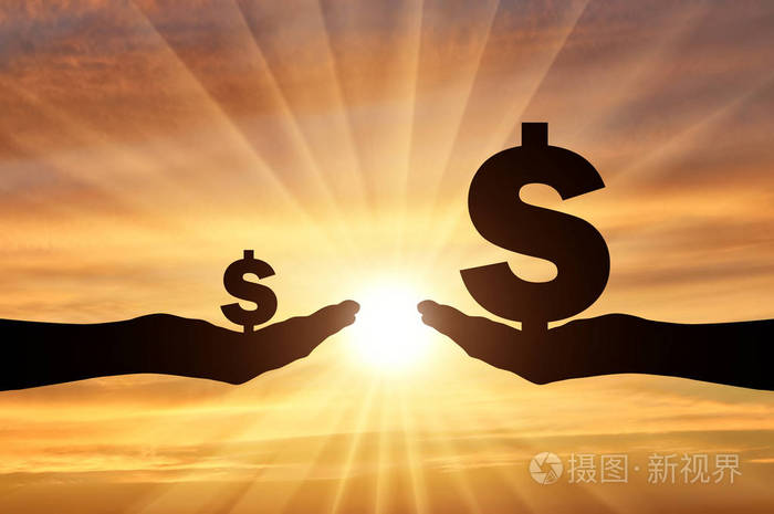 两只手的剪影一方面是美元的一个大象征第二只手是美元的一个小符号