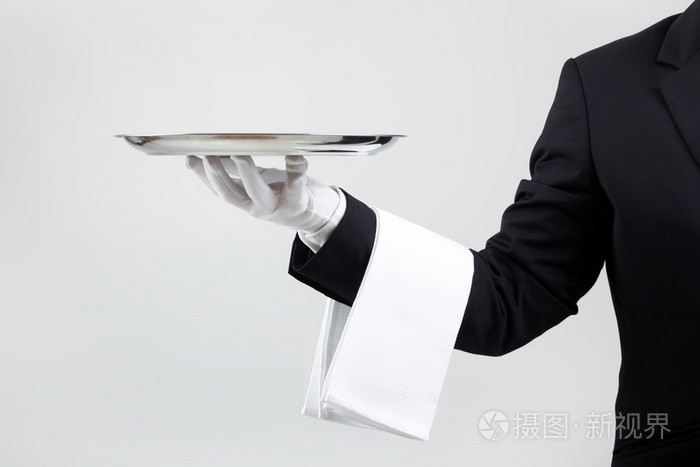 服务员空银托盘缓缴的灰色背景