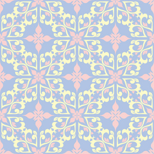 花卉无缝图案。淡蓝色背景以米色和粉红色的花元素为墙纸纺织品和织品