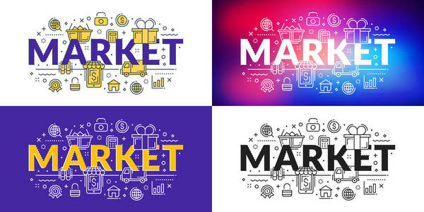 市场。网页横幅和印刷材料的平面图概念。4种不同风格的矢量插画