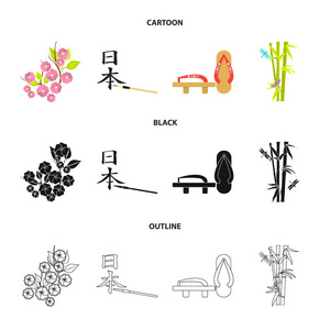 花, 樱花, 竹子, 象形文字。日本集合图标在卡通, 黑色, 轮廓风格矢量符号股票插画网站